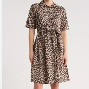 NWT DKNY Womens Leopard Print Cotton Shirt Dress Belted Brown Tan 8